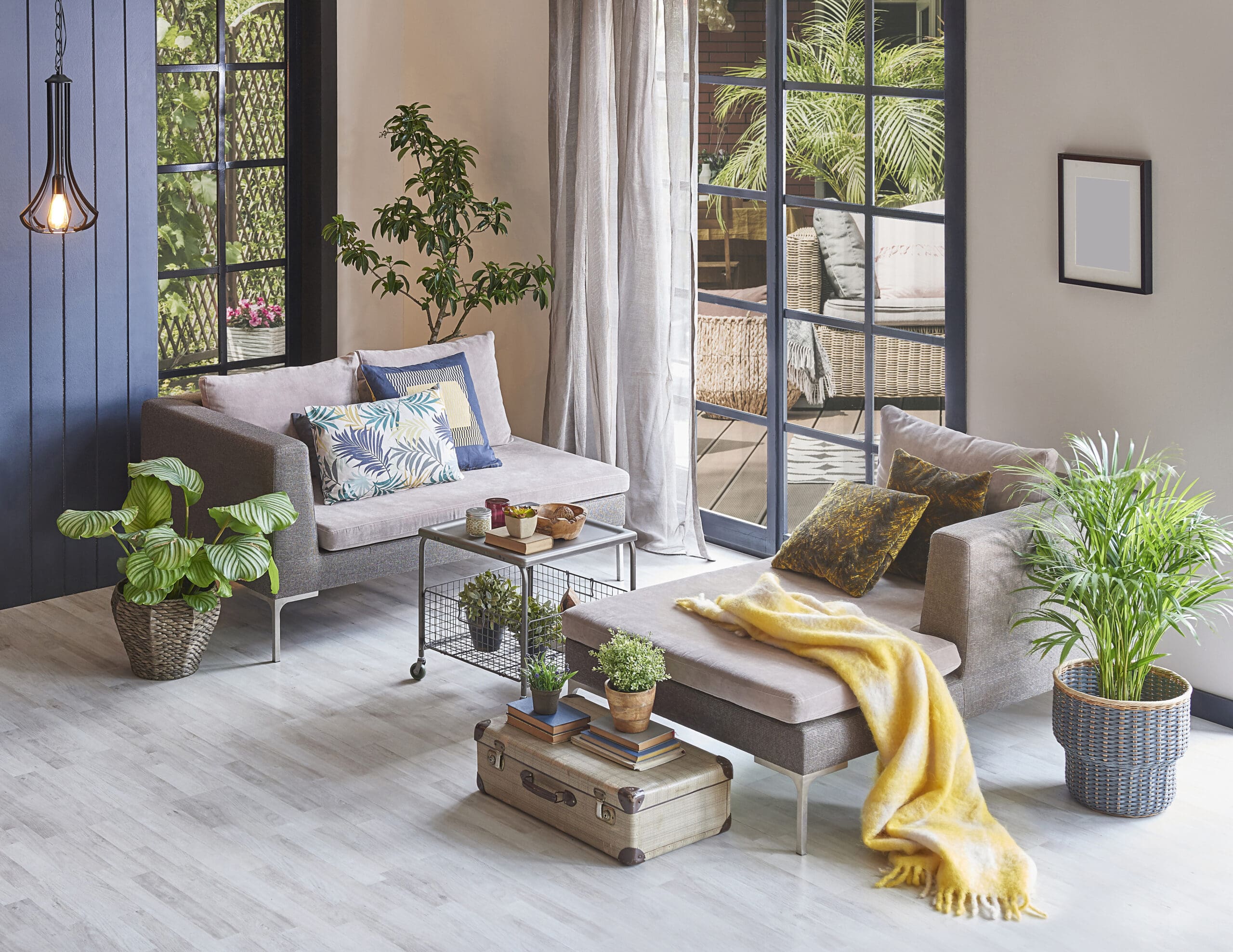 Modern room sofa and empty parquet floor for carpet design, home background, lamp frame, garden view outdoor house concept interior style.