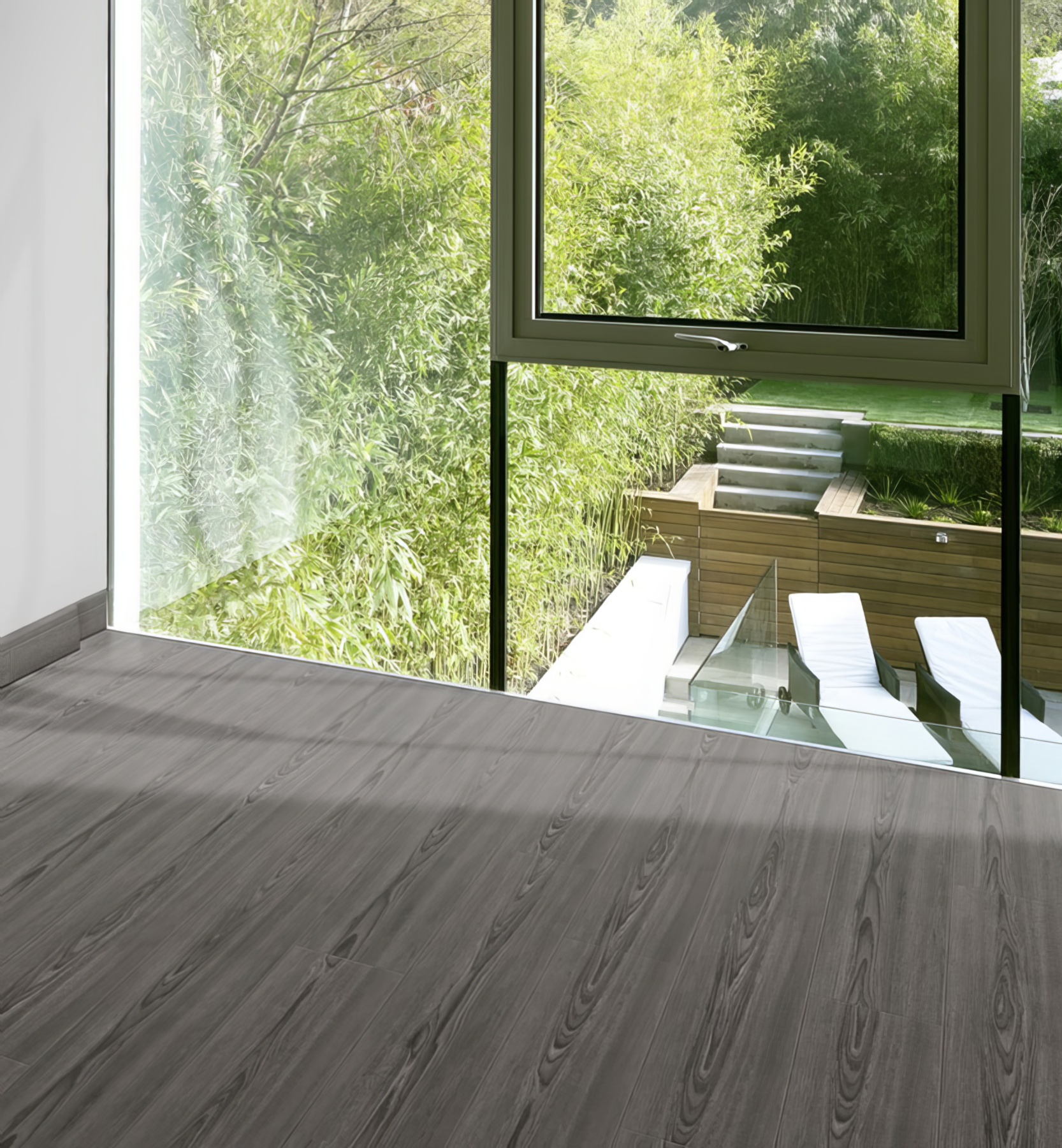 Editions Classic Kingfisher Slate: A modern room set with Pro-Tek™ Kingfisher Slate flooring, showcasing its dark slate color and textured surface.