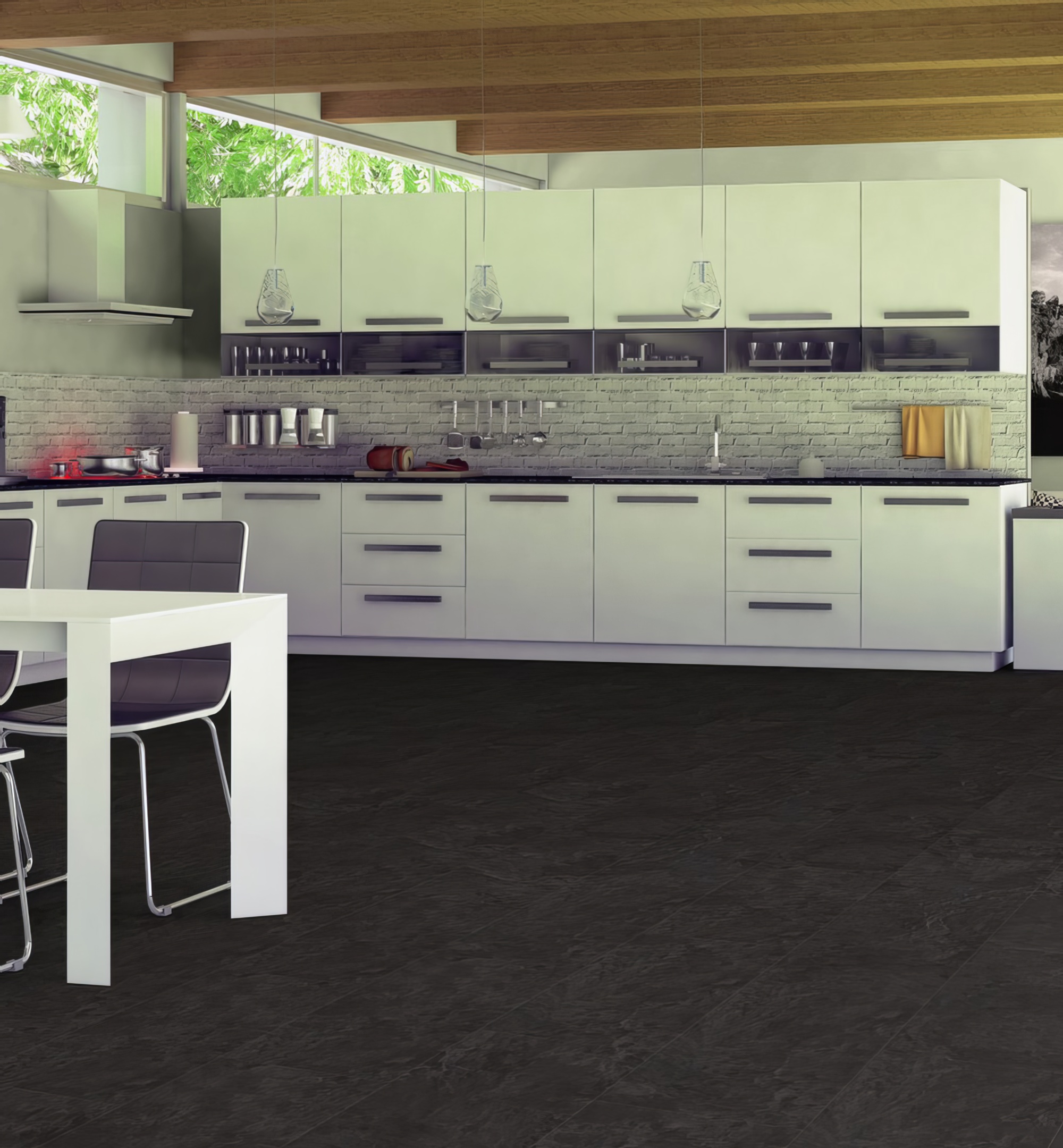 A living space with Editions Tile Charcoal Slate flooring from Pro-Tek™ Flooring. The image features the dark, charcoal-coloured slate tiles, adding a modern and stylish touch to the room.