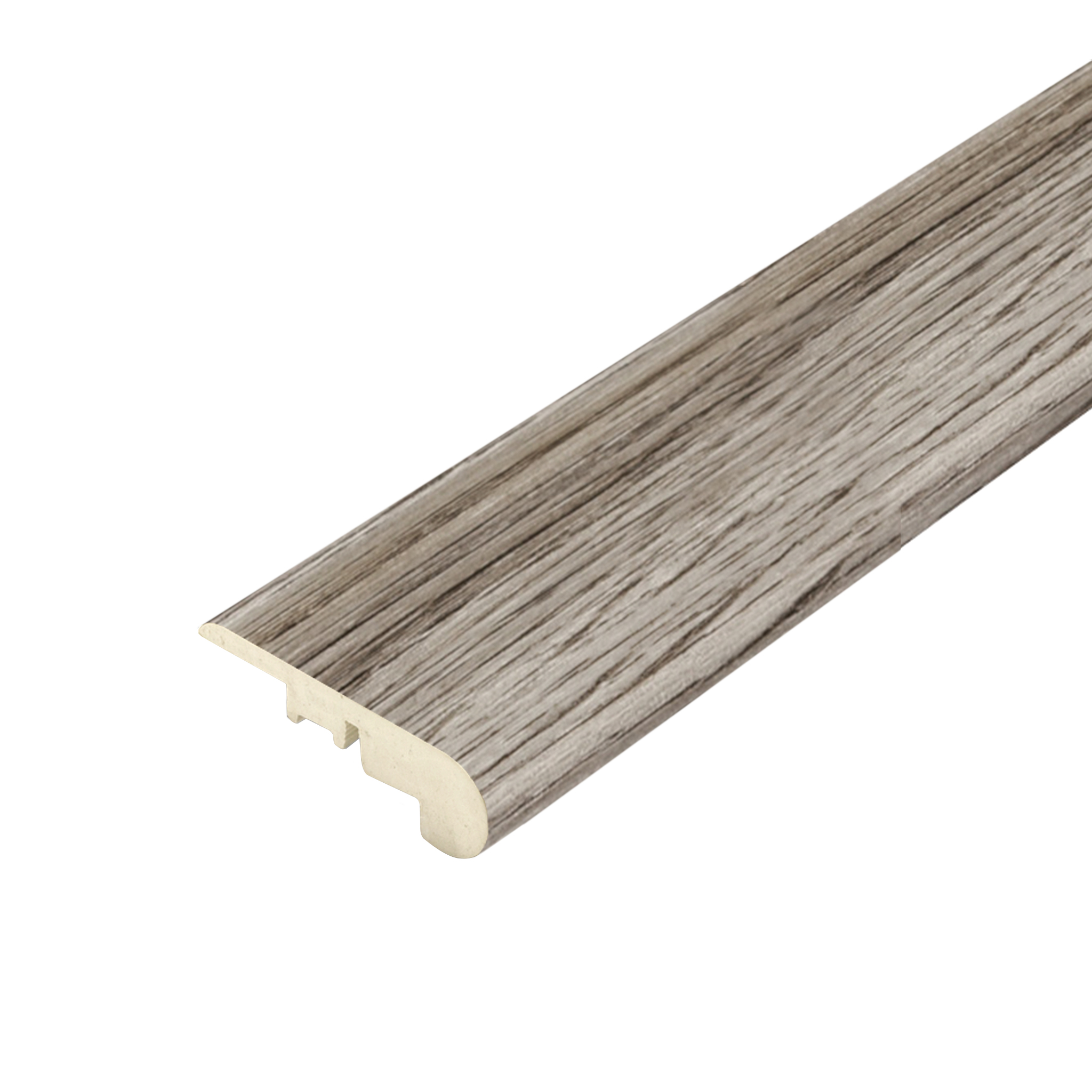 Windsor Grey Stair Nosing - Pro-Tek Flooring's C703 Windsor Grey stair nosing presented in a 4-1 image. The profile ensures safety on stairs while adding a stylish element with the modern Windsor Grey colour.