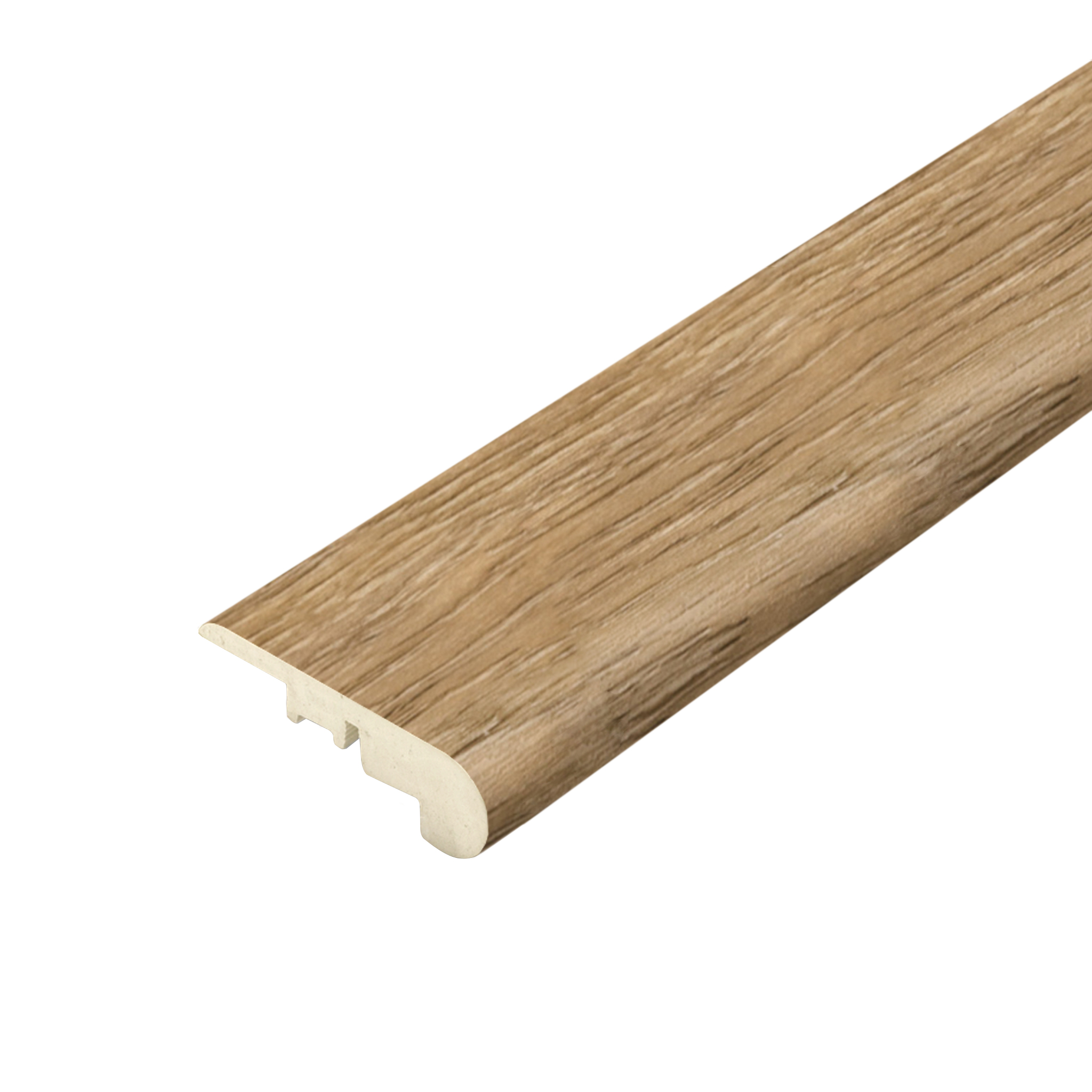 Primrose Satin Stair Nosing: A close-up view of the Primrose Satin Stair Nosing, crafted to provide a secure edge and finished appearance to stairs. The satin finish and primrose color offer durability and style for both residential and commercial settings.