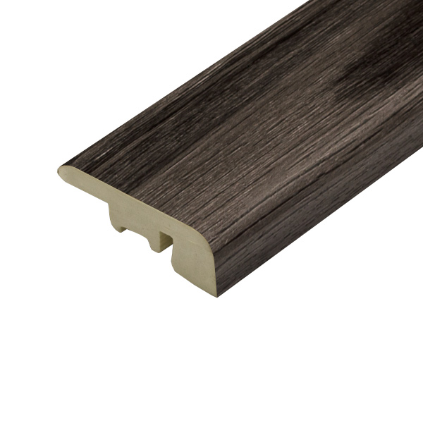 A detailed close-up of the end profile of Pro-Tek™ Jasmine Grey flooring plank. The image emphasizes the soft grey shade, smooth surface texture, and the well-defined edges that contribute to a seamless flooring installation.