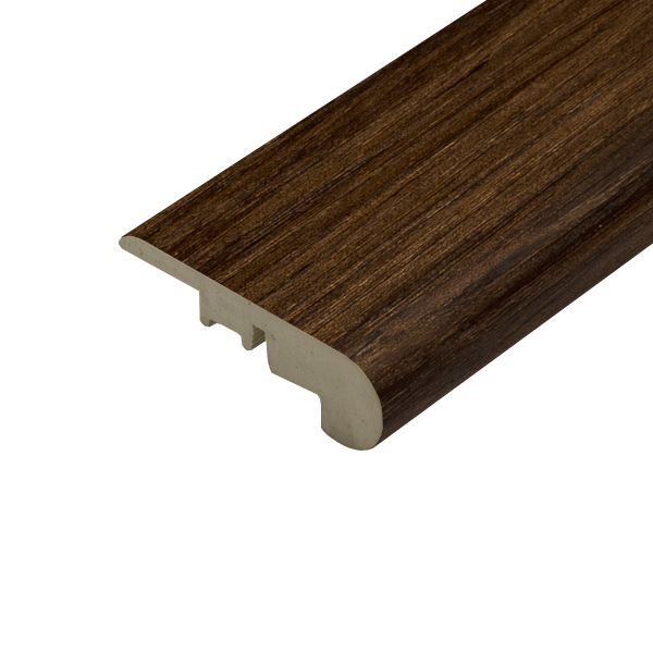 A product image of Pro-Tek™ Flooring's Layla Walnut stair nosing, displaying its precise edges, smooth finish, and a deep walnut colour, designed to enhance staircases while providing durability and elegance.