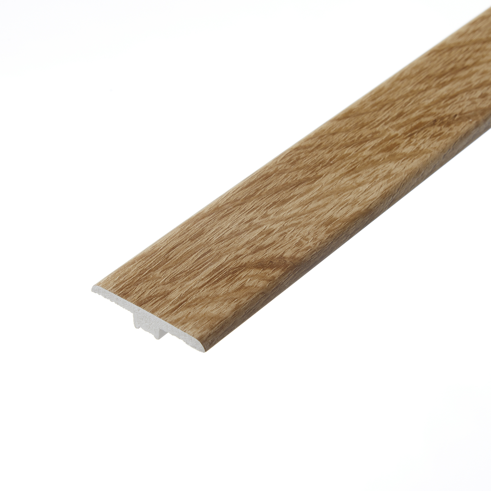 Harewood Oak T-Profile: An image of the Harewood Oak T-profile. The piece showcases a rich oak colour with natural wood grain patterns, designed to connect two floors of the same height seamlessly.