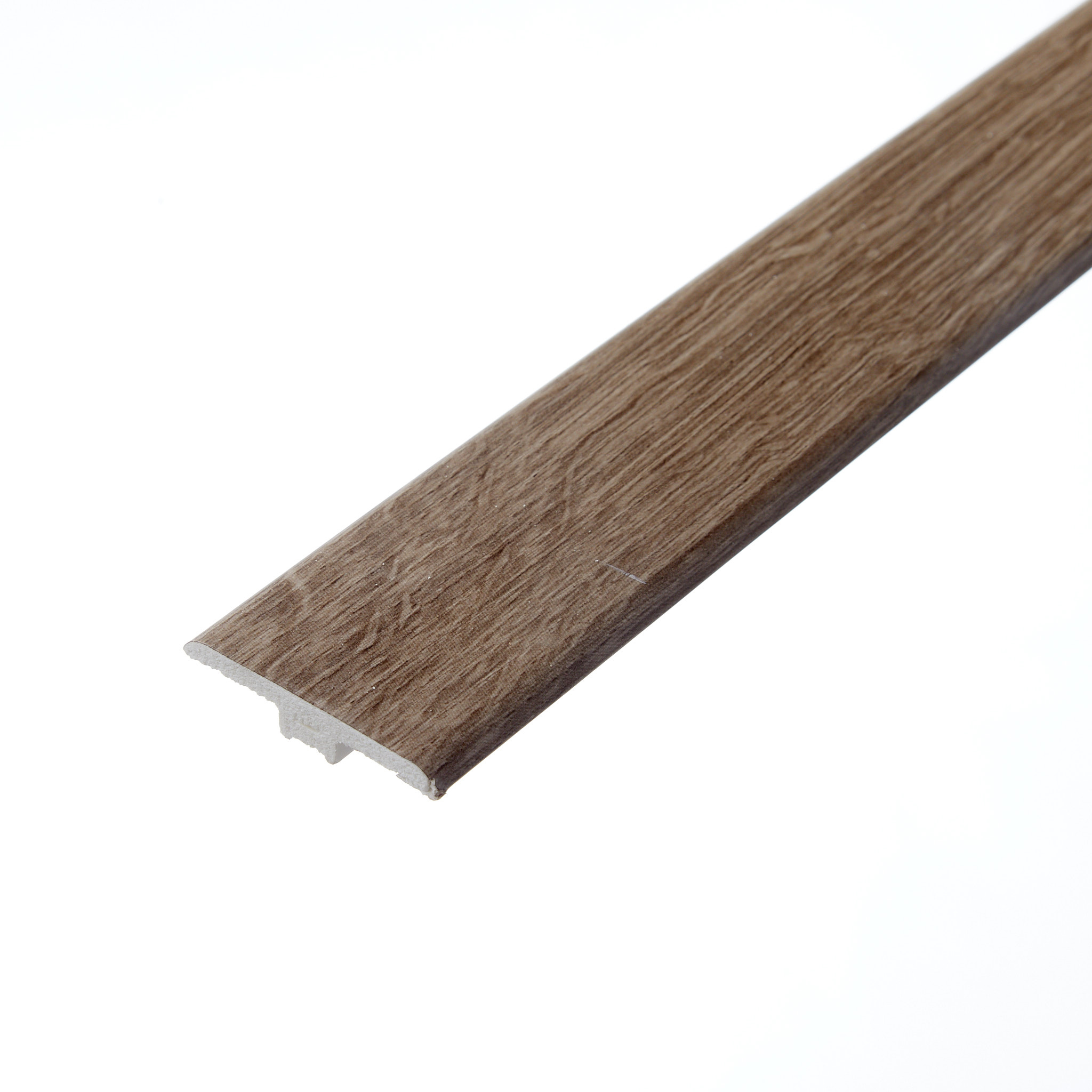 An image of the Ezra Mink T-profile. The piece features a warm, mink-toned finish with subtle wood grain patterns, designed to join two floors of the same height seamlessly.